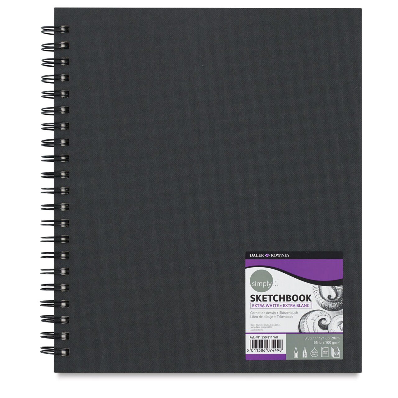Daler-Rowney Simply Sketchbook - 11" x 8-1/2", Extra White, Wirebound, 80 Sheets